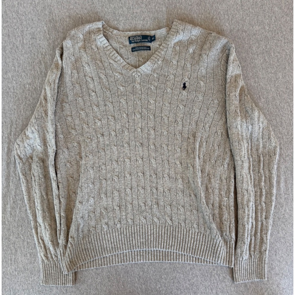 Polo Ralph Lauren Mens XL 100% Tussah Silk Cable Knit V Neck Sweater Gray